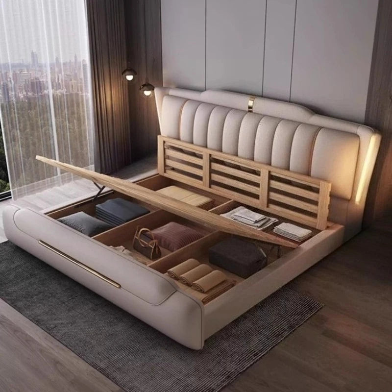 lit double simili cuir moderne beige gris pieds dorés tiroirs intégrés structure bois
