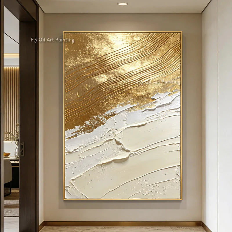 tableau abstrait contemporain doré blanc lignes ondulées toile rectangle vertical sans cadre