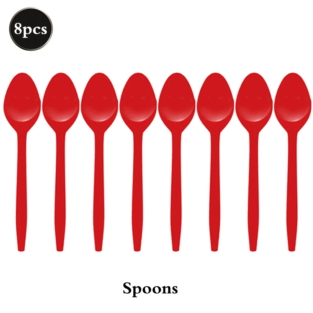 assiettes papier festives fourchettes couteaux serviettes nappe moderne points rouges noirs