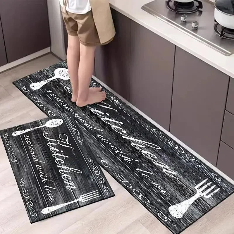 tapis cuisine antidérapant polyester motif bois vintage noir blanc grisclair