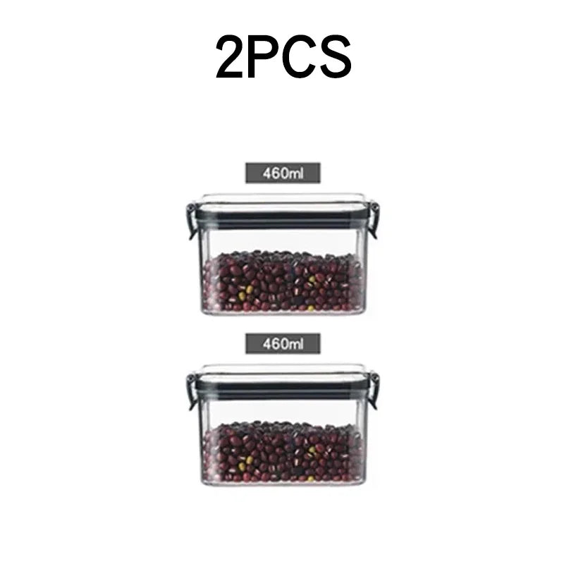 boîtes rangement alimentaire transparentes poignées noires multiple tailles réutilisables modernes pratiques épices pâtes graines