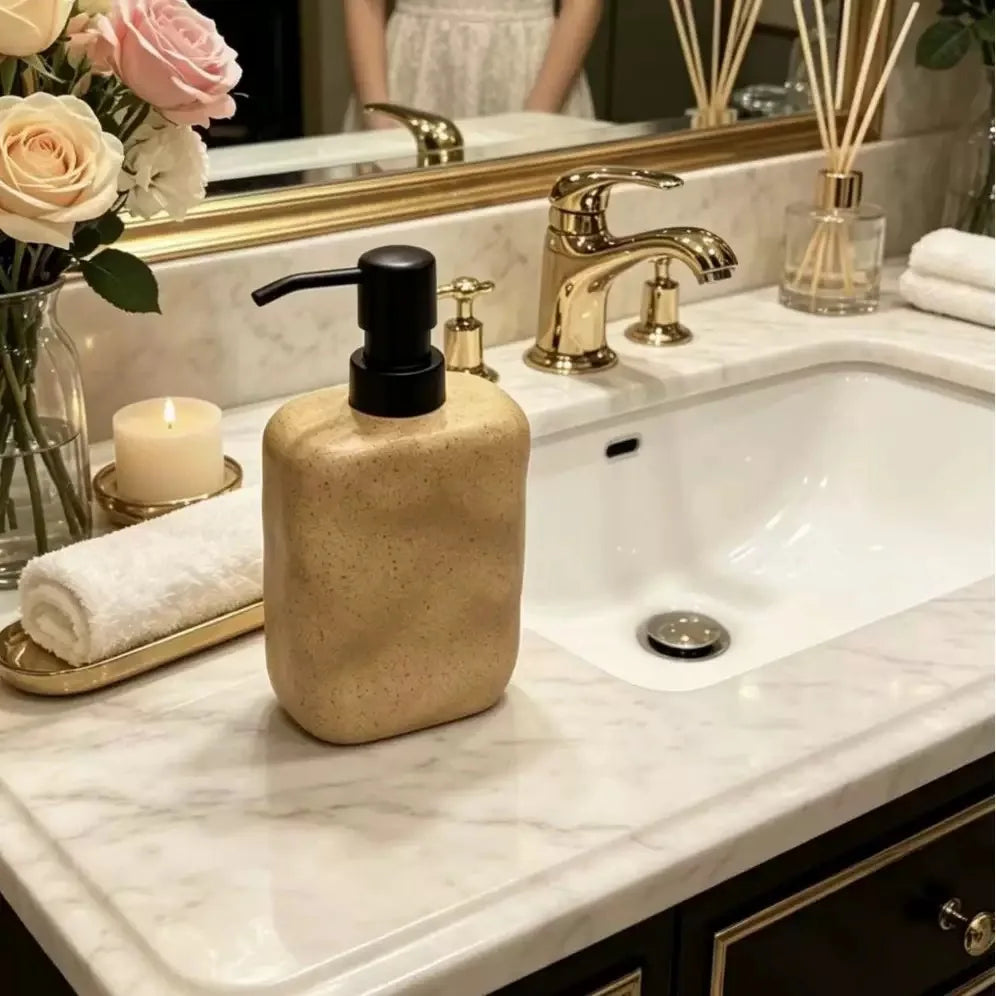 distributeur savon liquide céramique moderne beige clair granulé opaque pompe 450ml