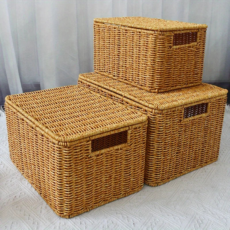 panier marron clair tressé rustique couvercle poignées intégrées rangement traditionnel durableintérieur chambre cuisine