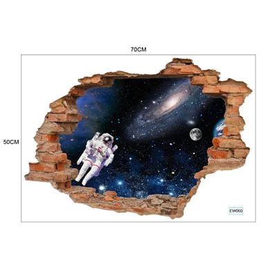 sticker mural 3d scène naturelle illusion optique adhésif multicolore coucher soleil océan planètes enfants