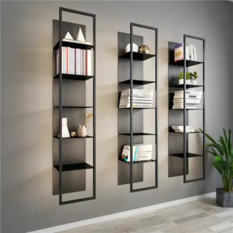étagère murale moderne gris métallisé structure métallique lisse lumière rangement bibliothèque meuble décoration maison