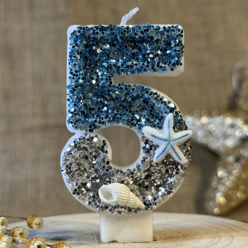 décoration gâteau sirène océan bougie chiffre paillettes étoiles mer coquillage thème marin blanc bleu