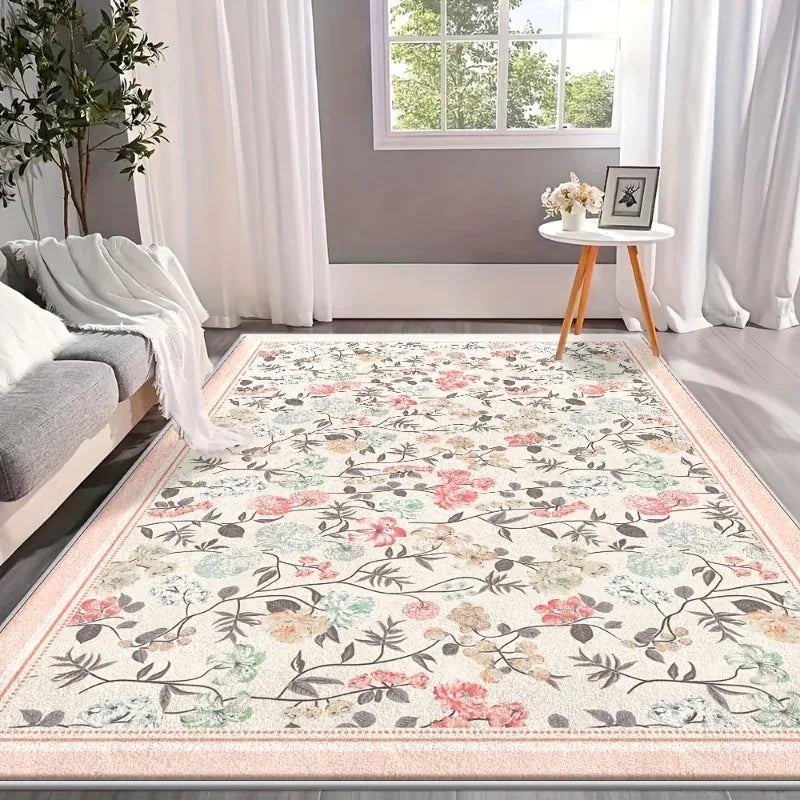 Tapis de salon rose fleuri style pastoral sur un sol en bois