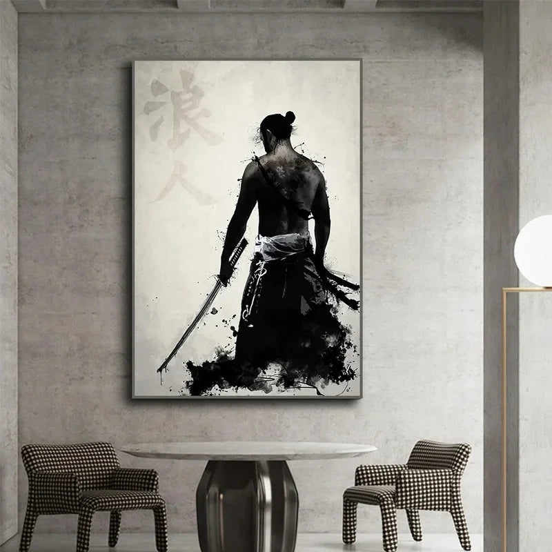 toile d'art samouraï noir blanc contemporain clips décoration intérieure affiche photo murale sans cadre