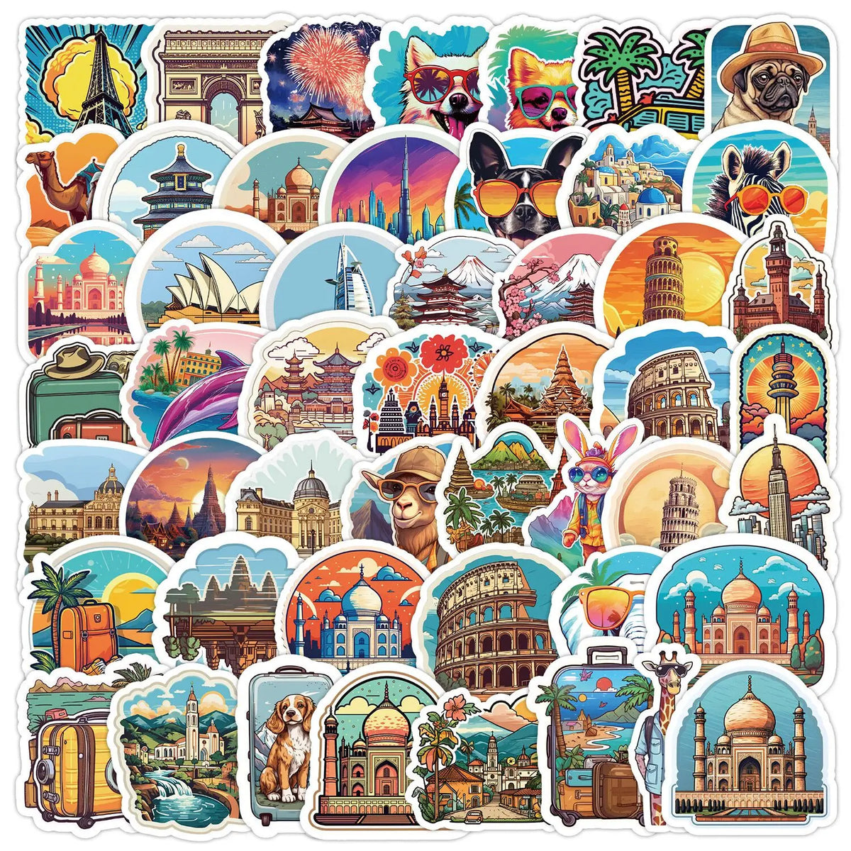 autocollants vintage multicolores monuments paysages animaux adhésifs bricolage téléphone bagages ordinateur portable planche roulettes