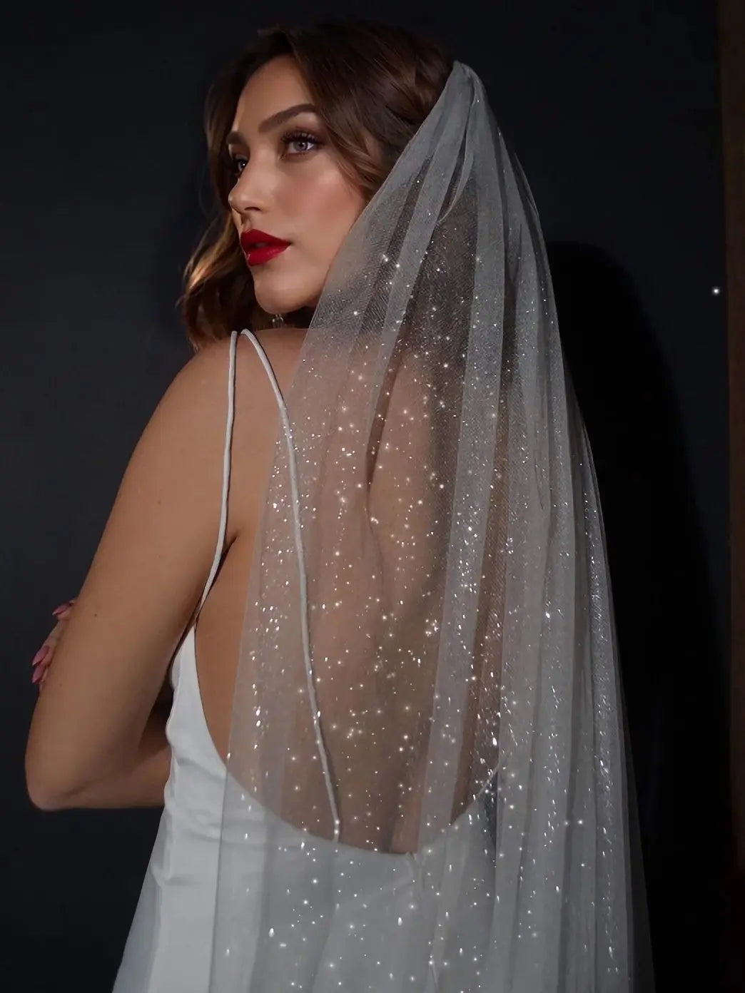 voile mariée blanc paillettes dorées classique bride prom wedding romantique original bohème trendy