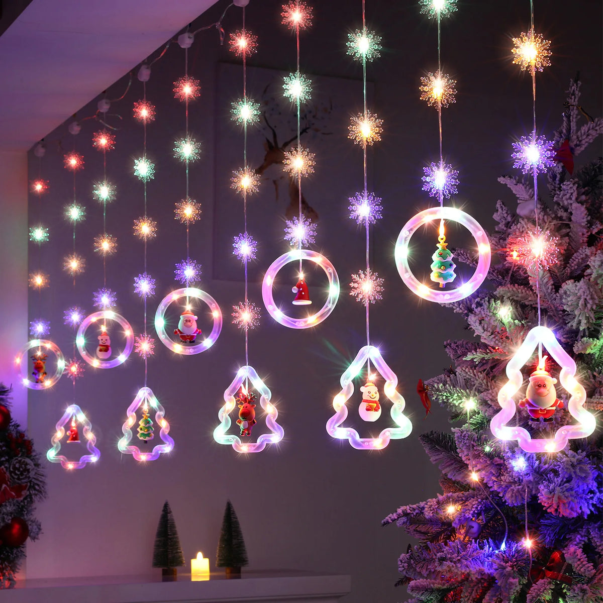 guirlande lumineuse noël multicolore étoiles flocons neige leds télécommande clips decoratif festif
