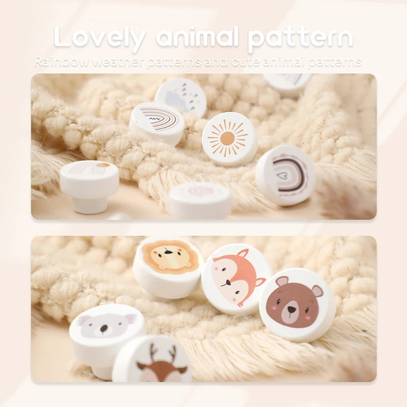 boutons tiroir animaux motifs modernes cartoon vis fixés blanc beige marron gris rose bleu