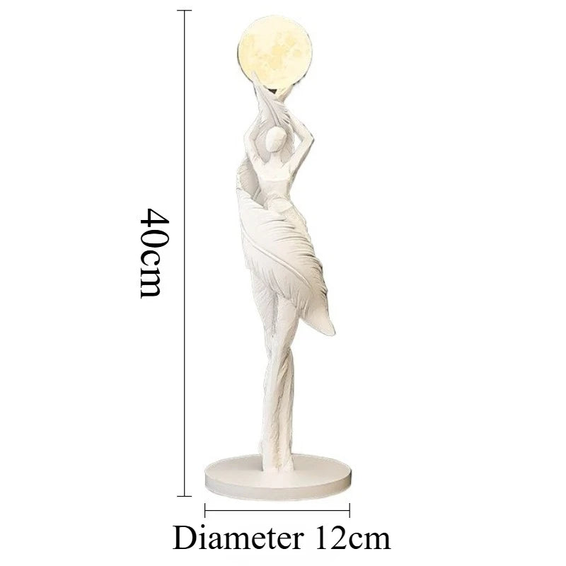 sculpture décorative moderne figure féminine globe lune noir blanc bleu clair résine chambre salon