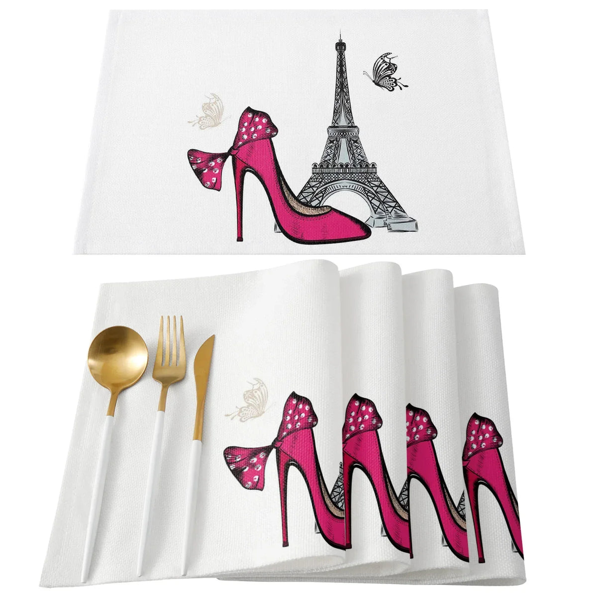 serviettes table imprimées tour eiffel fleurs cerisier moderne rose gris beige
