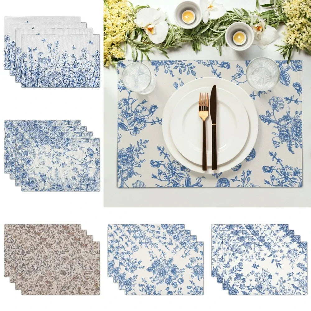 serviettes table lin blanc bleu fleuri classique vintage respectueux environnement opaques