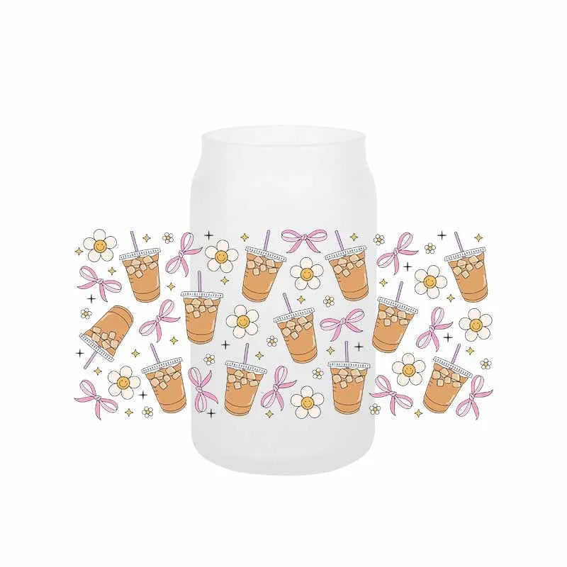 autocollants transfert motif coeurs boissons cartoon transparent opaques tasses croissants glaces bouteille verre couvercle