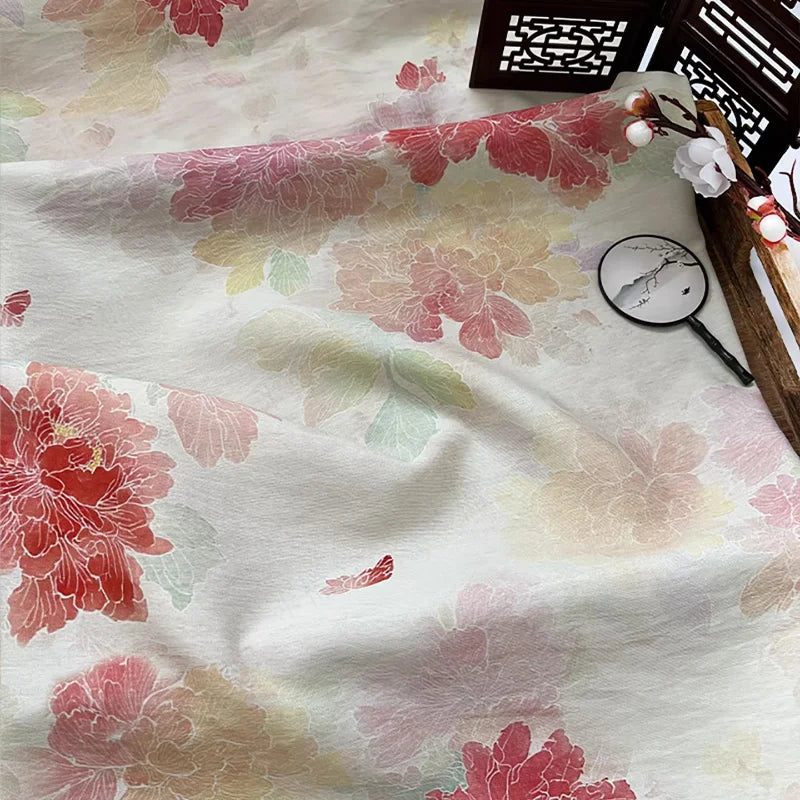 tissu brocart fleurs papillons blanc rouge rose vert jaune classique biodegradable 150cm