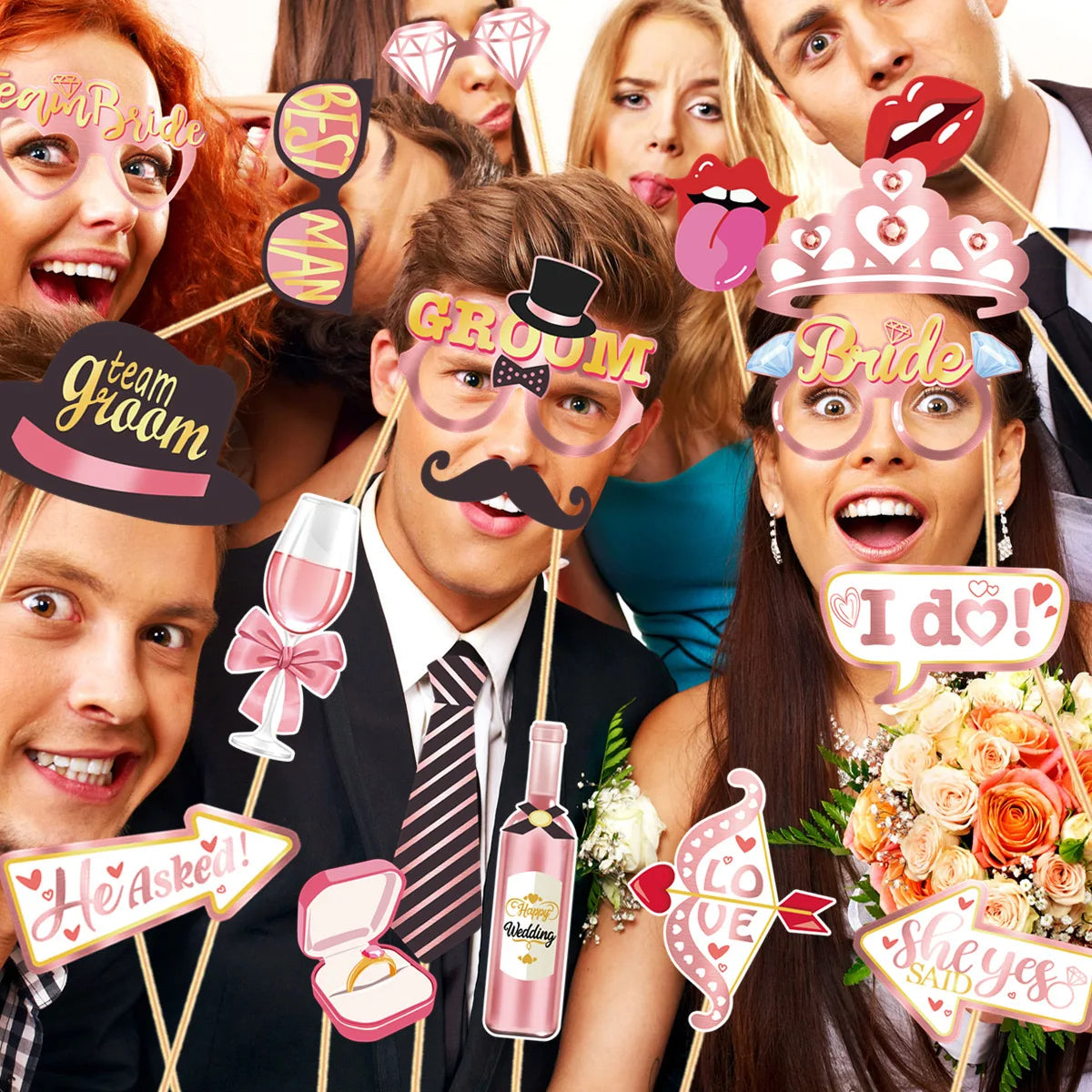 accessoires photo mariage carton bâtonnets alliances robes mariée costumes chapeaux lunettes coeurs champagne gâteaux