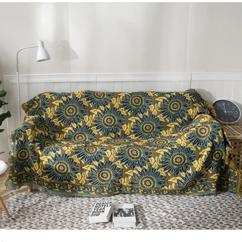 couverture coton tournesol bleu vintage portable anti boulochage printemps automne pique nique maison