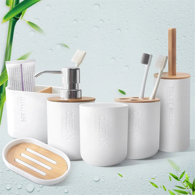 ensemble salle bain bambou distributeur savon porte brosse dents porte savon tasse noir