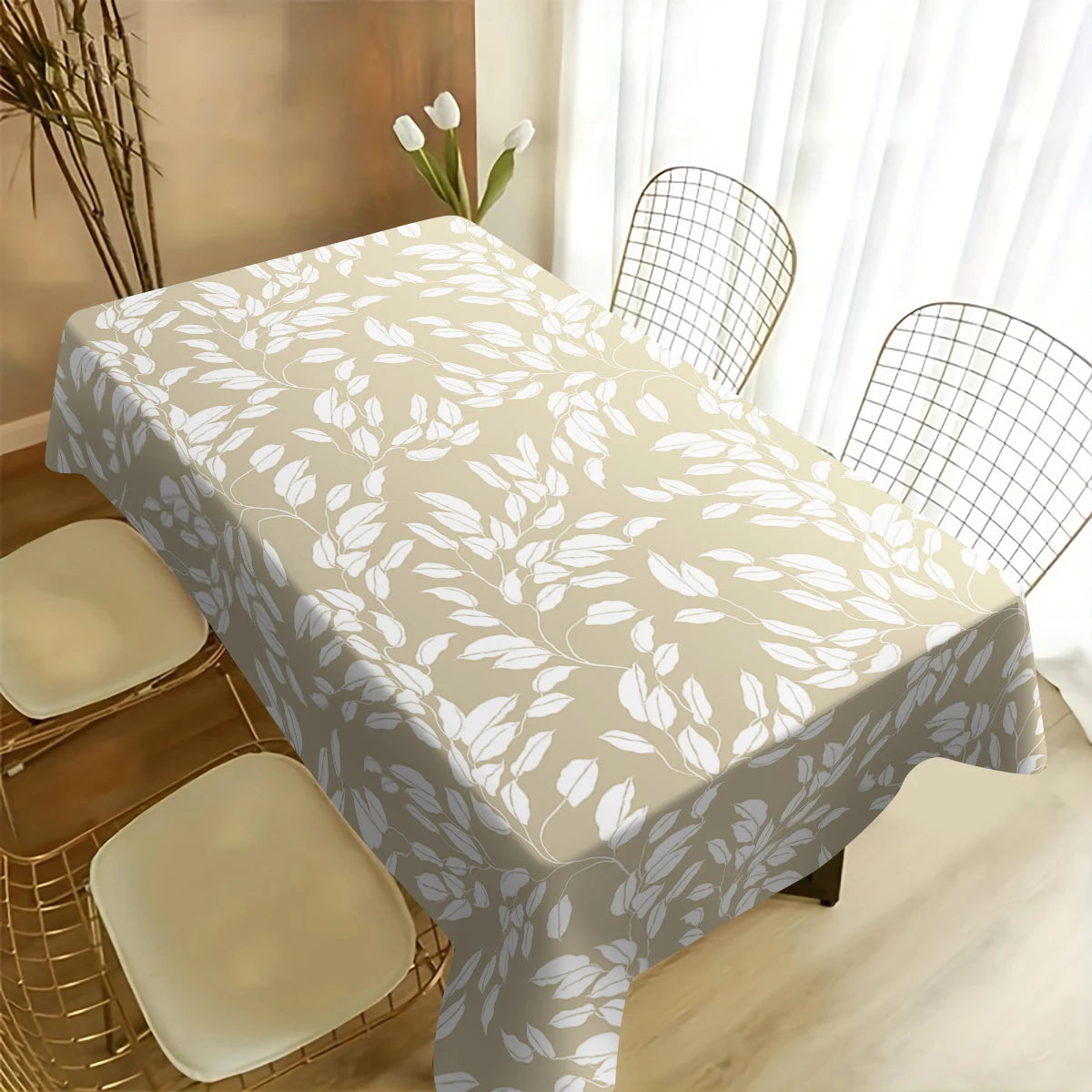 nappe table rectangulaire imperméable motif feuilles beige moderne polyester cuisine salon mariage extérieur