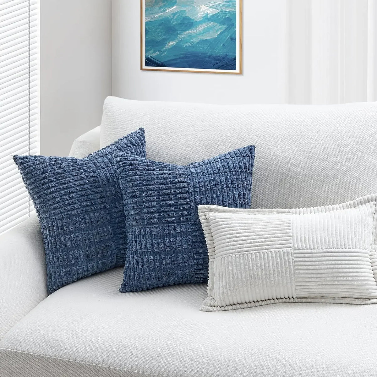 housse coussin carré moderne texture bleu marine polyester coton décoratif lit siège fixations blanc