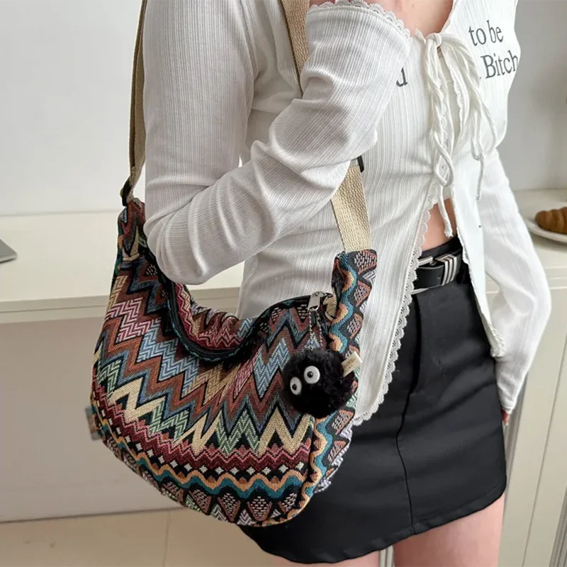 sac main bleu rose beige moderne ethnique motif zigzag géométrique toile douce fermure éclair