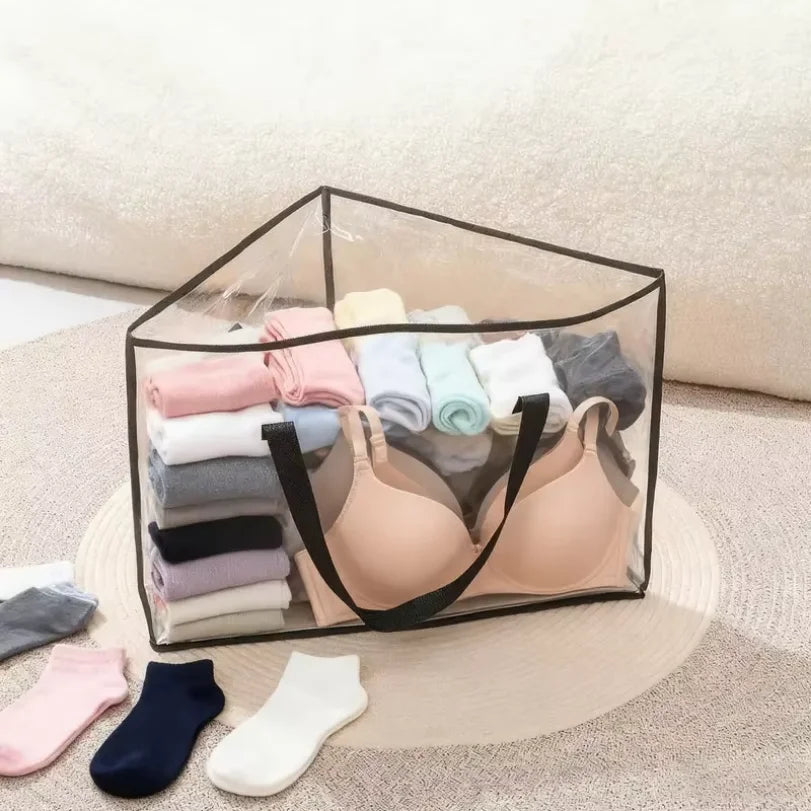 sac rangement transparent multi usages poignées noires vêtements moderne pratique