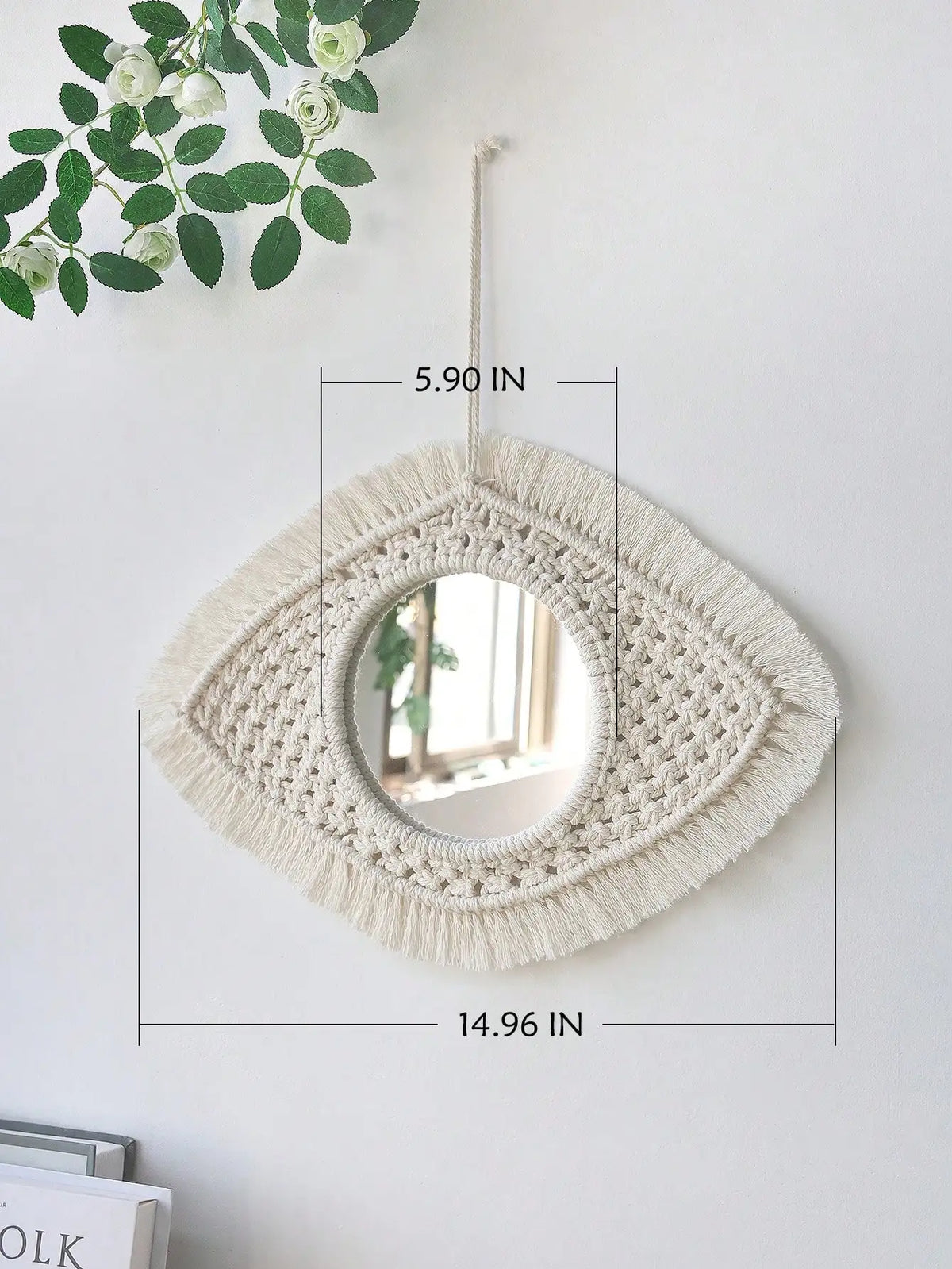 miroir boho blanc macramé franges artisanal crochet peigne protection chambre salon