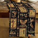 tableau chemin table lin égyptien motifs hiéroglyphes oiseaux noir or rouge bleu classique