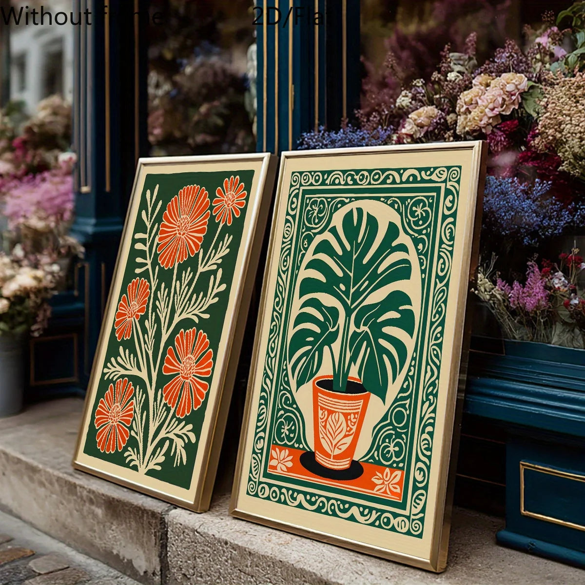 affiches modernes toile fleurs stylisées vert orange beige sans cadre
