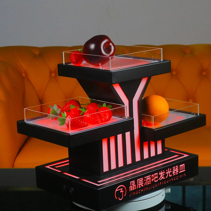support fruits moderne plateau lumineux noir rouge rayures transparents leds rechargeables