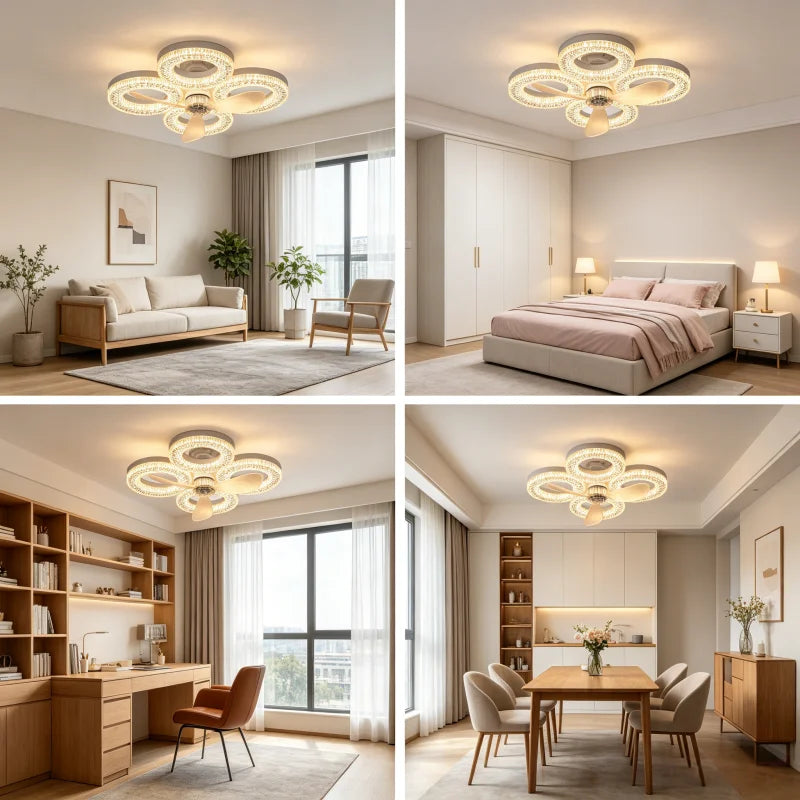 ventilateur lampe led blanc texture diamants moderne télécommande vitesse progressive certifications vde ul rohs