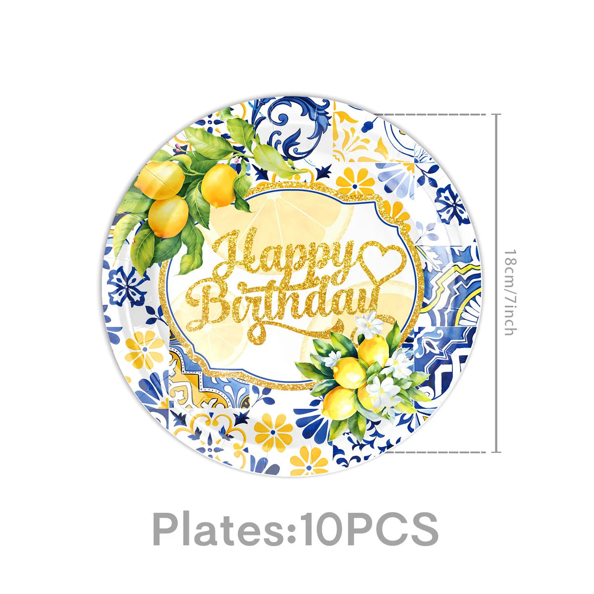 assiettes festives motif floral citrons papillons blanc bleu serviettes nappe gobelets anniversaire mariage baptême
