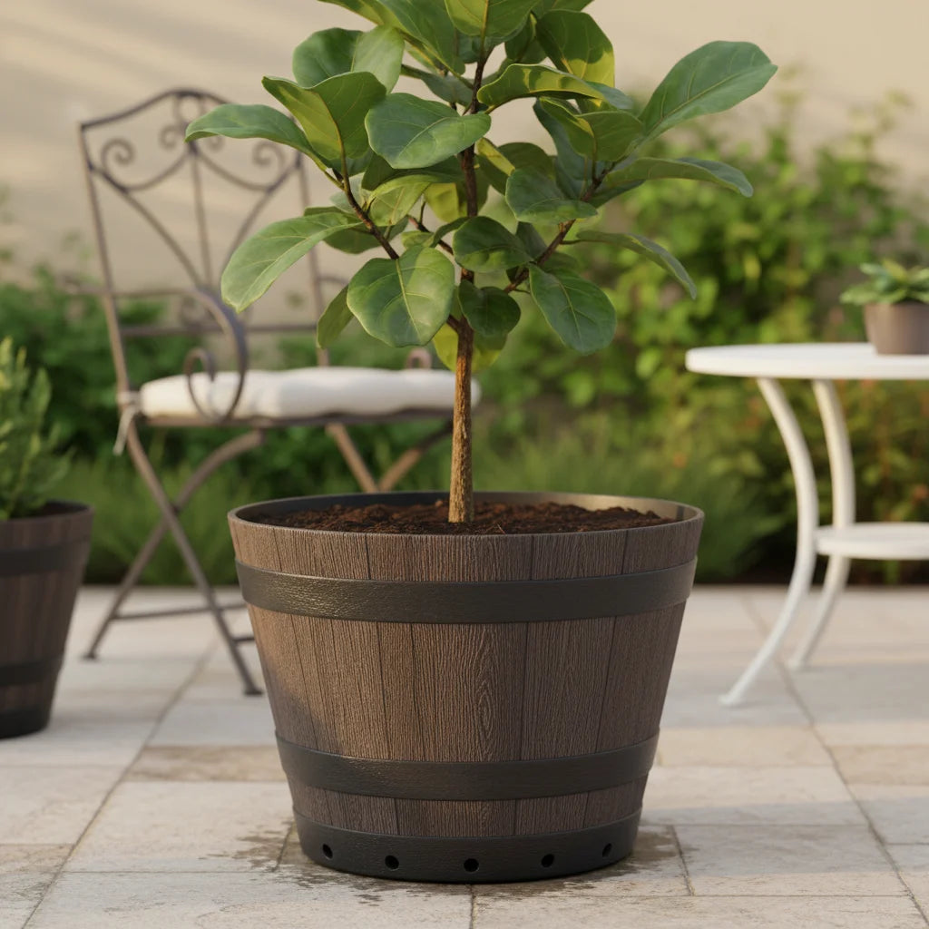 pots fleurs marron clair texture bois classique intérieur extérieur jardin plantes vertes sol non