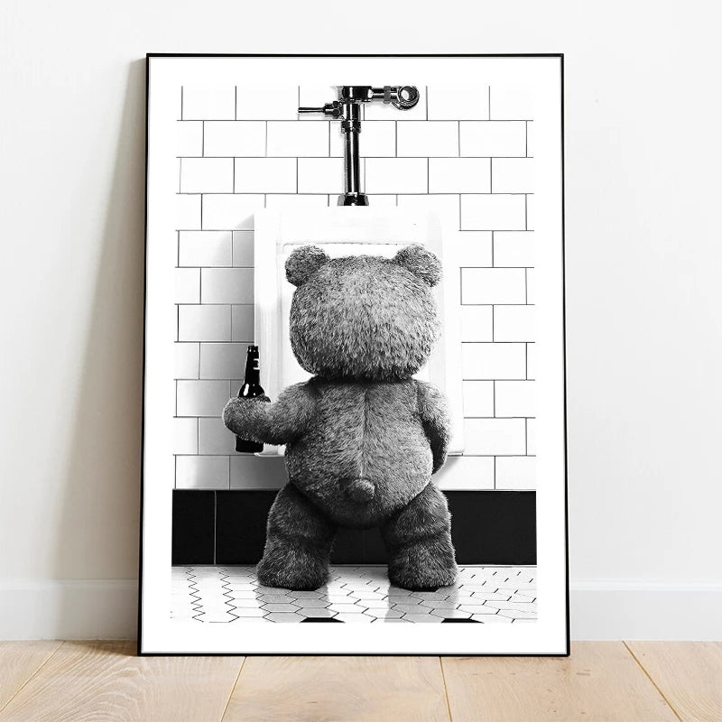 affiche décoration salle bains ours mignon noir blanc impression toile sans cadre dimension 20x30cm
