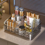 organisateur maquillage transparent moderne strass dorés pieds métalliques compartiment divisé fourre tout rechargeable pliable