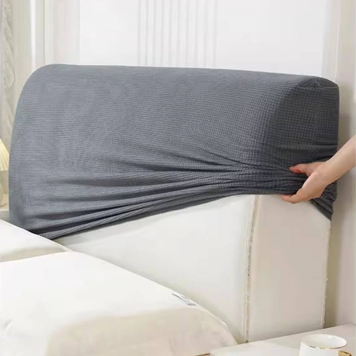 housse tête lit polyester elastane texture carreaux gris moderne fixation