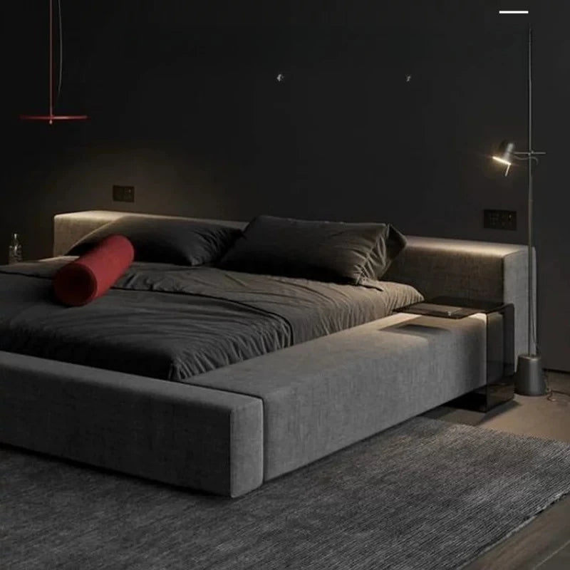 lit matelas double moderne minimaliste gris noir velours tissu uni chambre coucher master bedroom