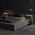 lit matelas double moderne minimaliste gris noir velours tissu uni chambre coucher master bedroom