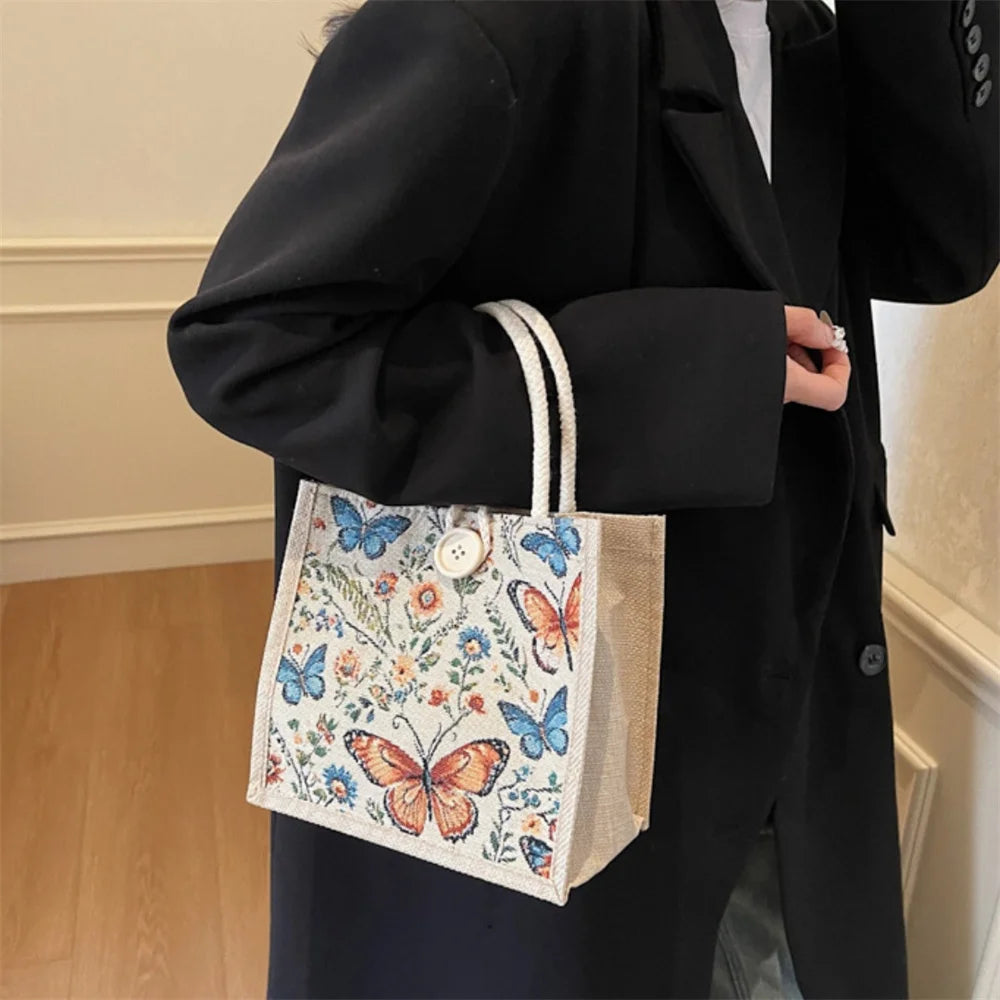 sac main toile papillons colorés vintage boho chic poignées corde texture tissée beige fleurs
