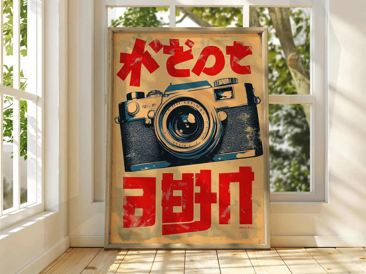 affiche rétro vintage illustration caméra ancienne caractères japonais beige bleu rouge noir opaquement