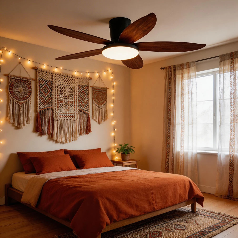 ventilateur moderne noir bois foncé simple silencieux led controle mural traditionnel garantie