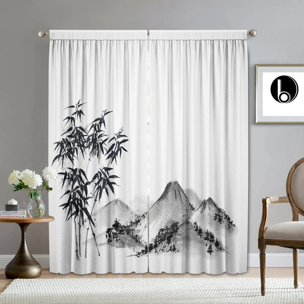 rideaux japonais motifs bambou montagne zen opaque transparent 75x166cm polyester tubulaire