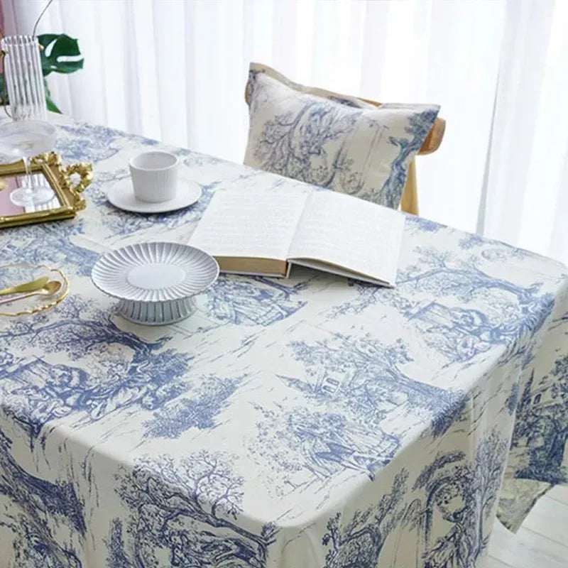 nappe champêtre toile jouy bleu blanc intérieur mariage rustic chic table fleurs assises vintage