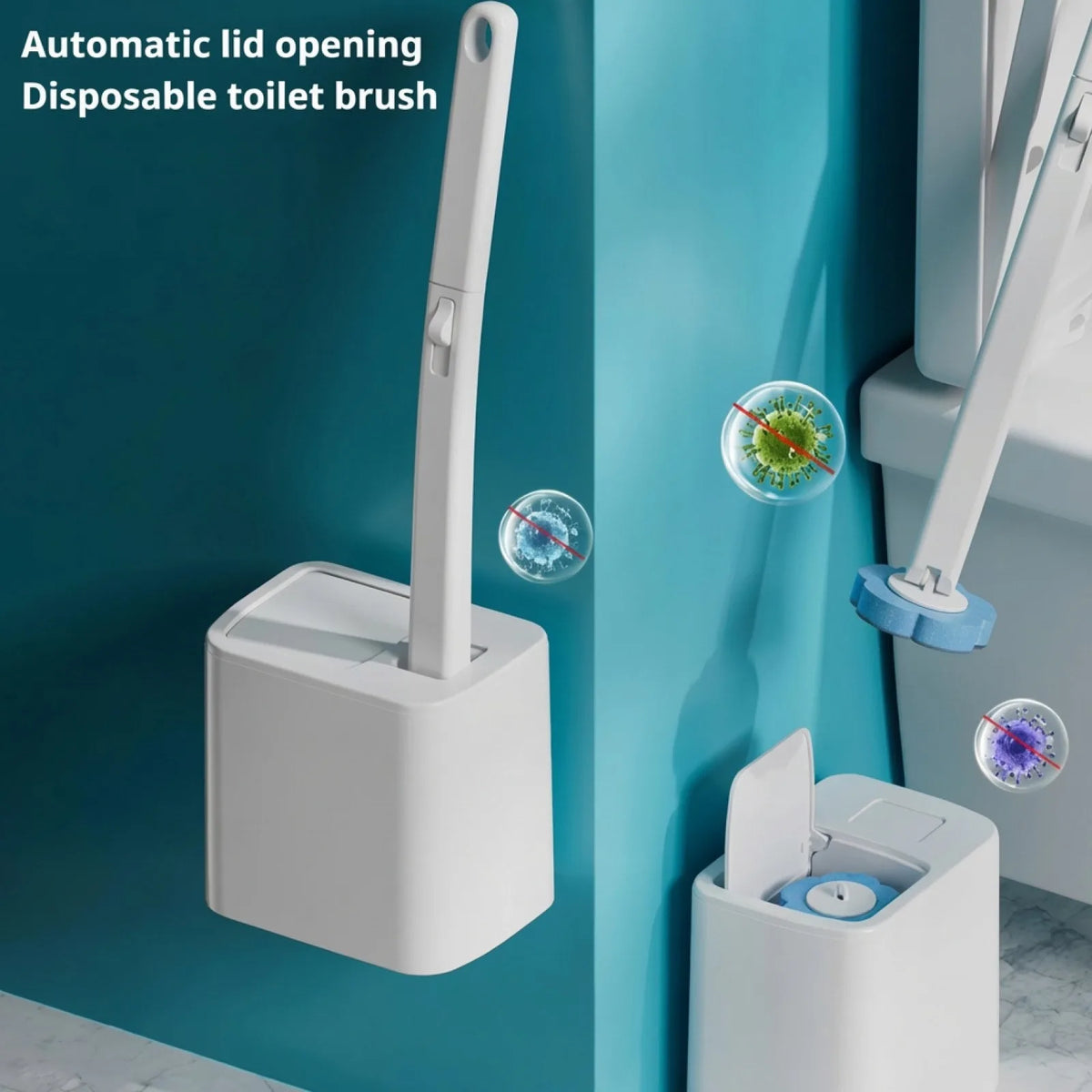 brosse wc douce silicone longue poils blanc bleu moderne pratique fixe adhésif boite rangement