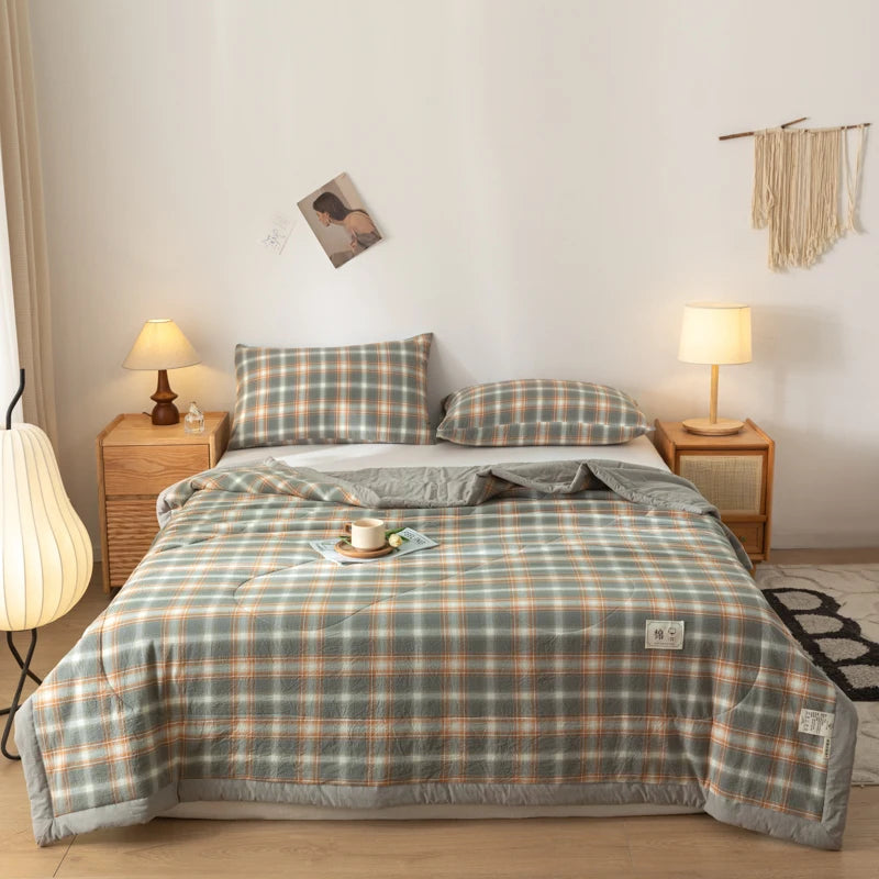 couverture matelassée coton pur motif carreaux gris orange blanc lit double moderne été