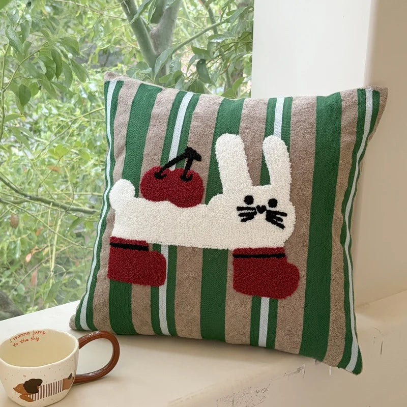 housse coussin brodée animaux vertes blancs nordique cartoon décor maison salon chambre voiture 45x45cm