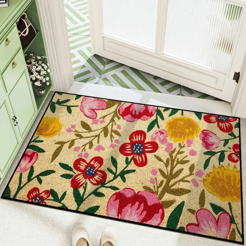 tapis d'entrée multicolore fleurs papillons texte hello moderne antidérapant extérieur 40x60cm