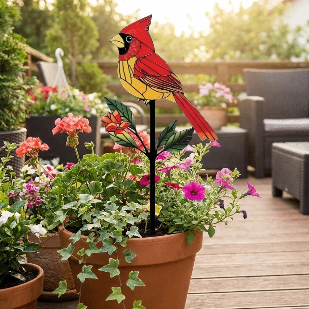sculpture jardin moderne motifs fleurs insectes stylisés rouge noir vert blancextérieur decoration amusante fait